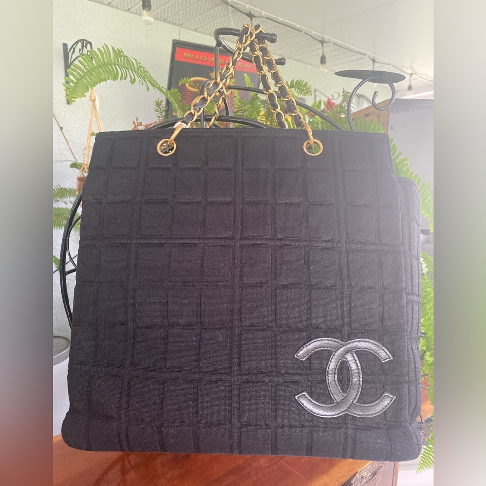 Chanel Vintage Jersey Choco bar tote W/Certificate of Authenticity CHANEL